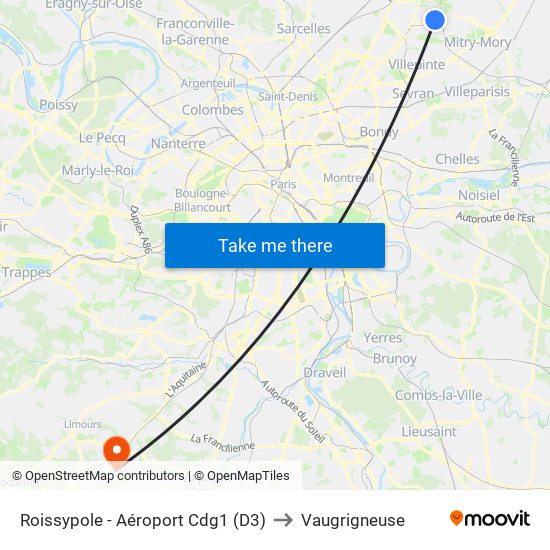 Roissypole - Aéroport Cdg1 (D3) to Vaugrigneuse map