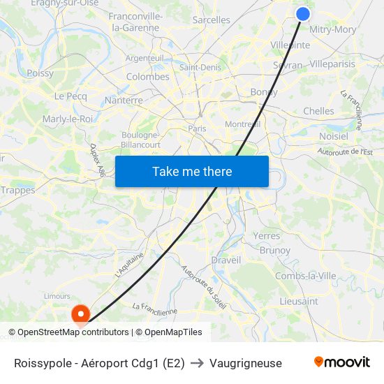 Roissypole - Aéroport Cdg1 (E2) to Vaugrigneuse map