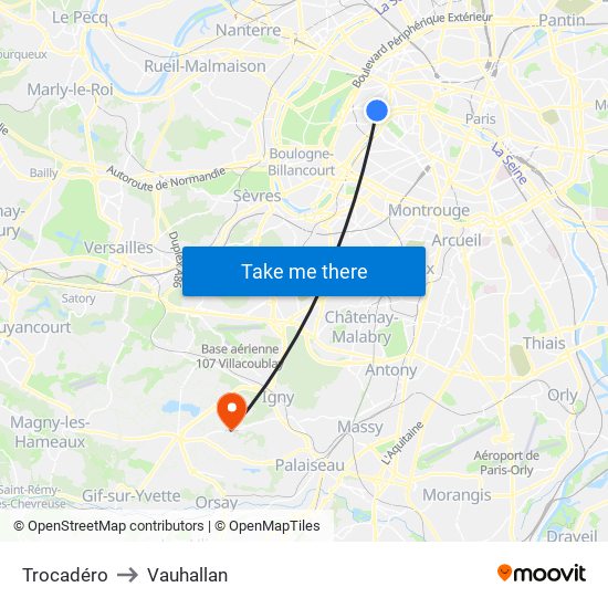 Trocadéro to Vauhallan map