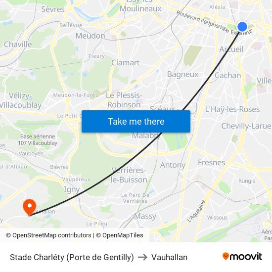 Stade Charléty (Porte de Gentilly) to Vauhallan map