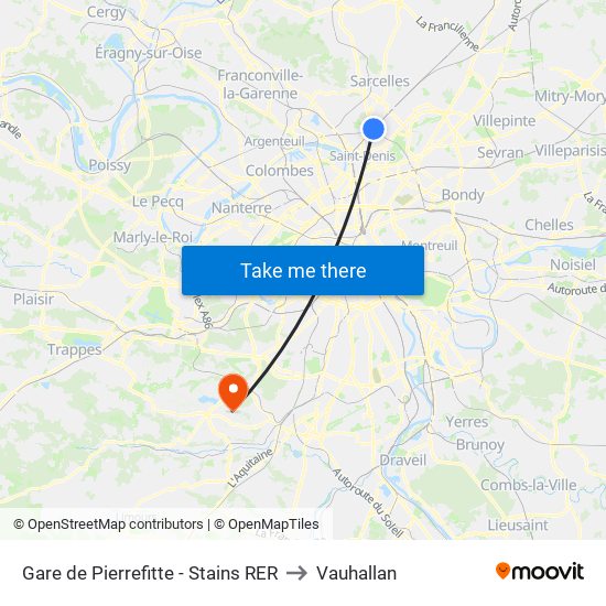 Gare de Pierrefitte - Stains RER to Vauhallan map