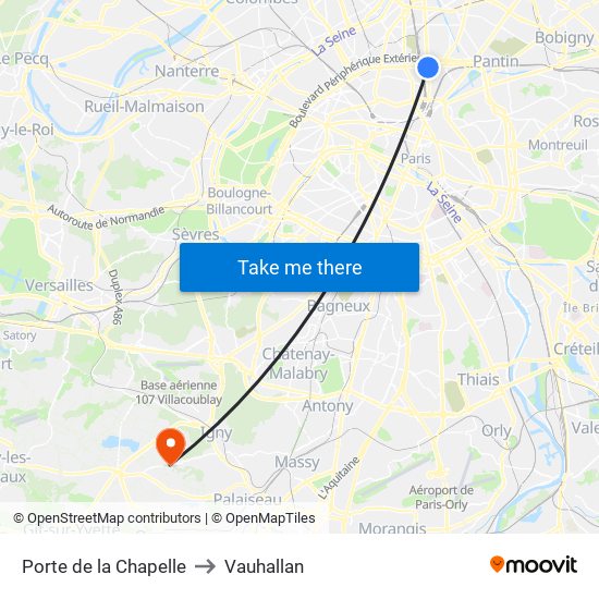 Porte de la Chapelle to Vauhallan map