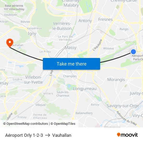 Aéroport Orly 1-2-3 to Vauhallan map