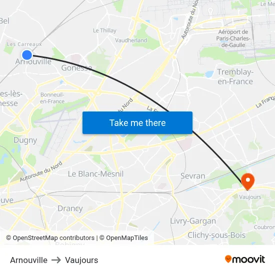 Arnouville to Vaujours map