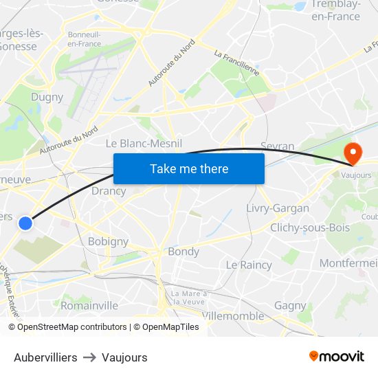 Aubervilliers to Vaujours map