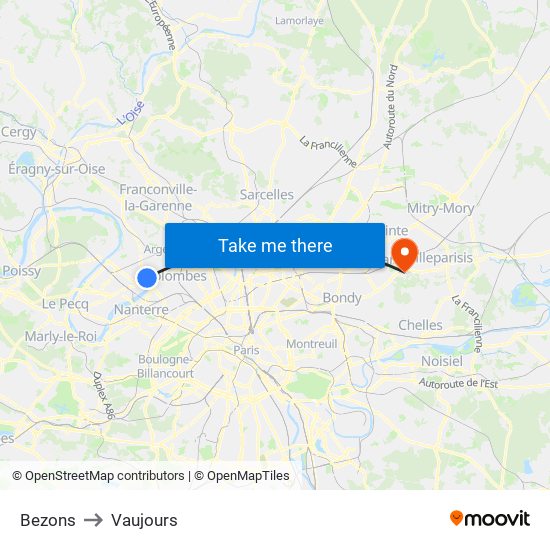 Bezons to Vaujours map