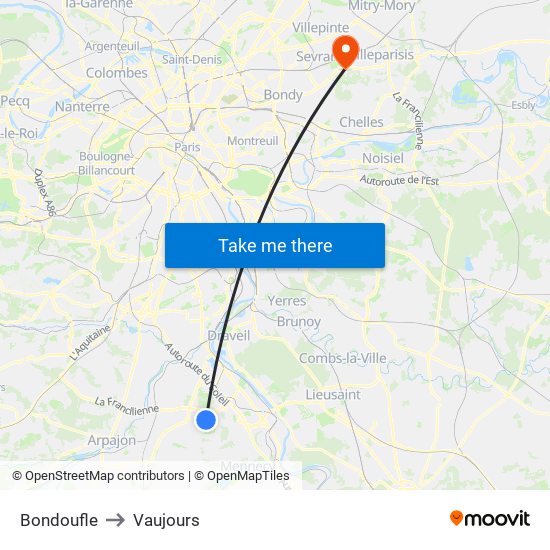 Bondoufle to Vaujours map