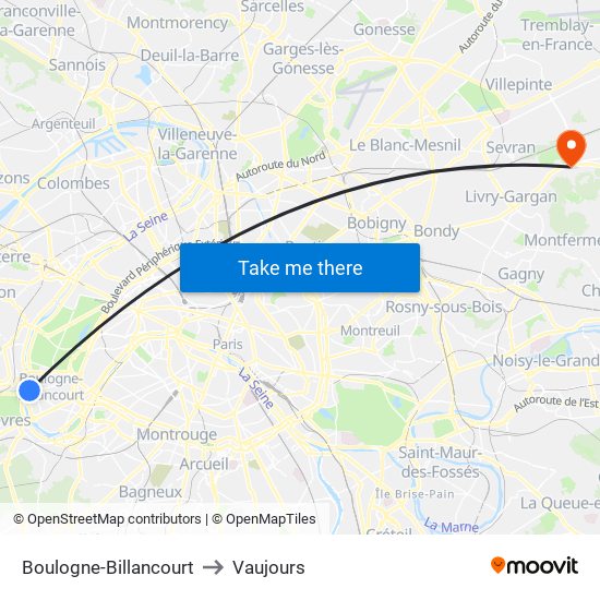 Boulogne-Billancourt to Vaujours map