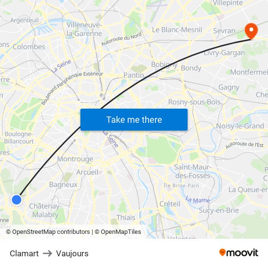 Clamart to Vaujours map