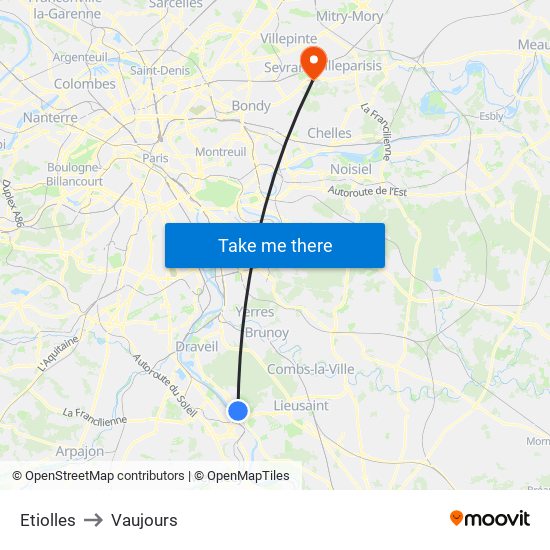Etiolles to Vaujours map