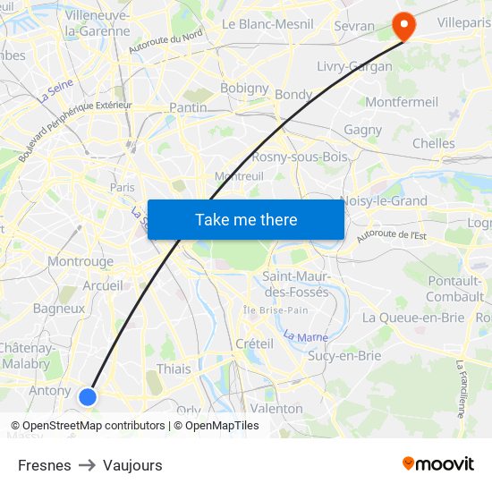 Fresnes to Vaujours map