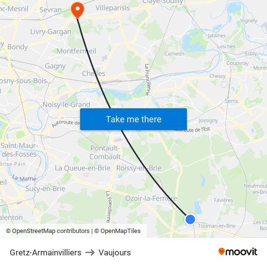 Gretz-Armainvilliers to Vaujours map
