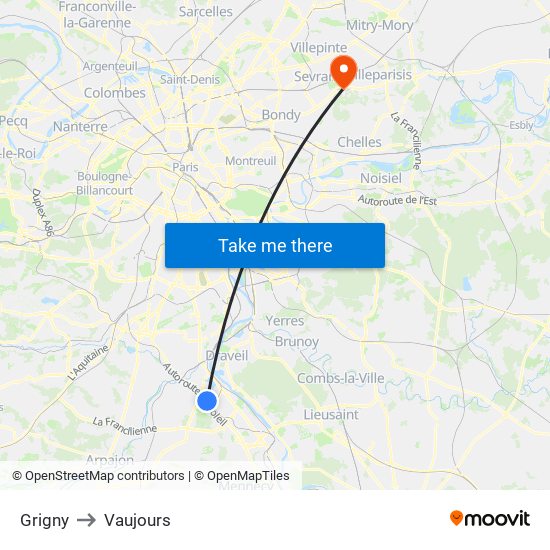 Grigny to Vaujours map