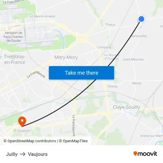 Juilly to Vaujours map