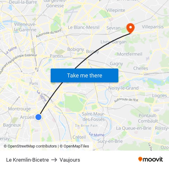 Le Kremlin-Bicetre to Vaujours map