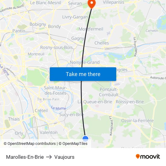 Marolles-En-Brie to Vaujours map