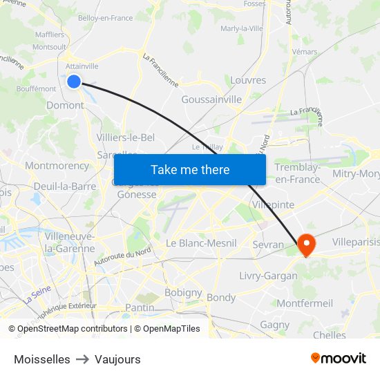 Moisselles to Vaujours map