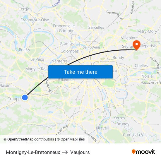 Montigny-Le-Bretonneux to Vaujours map