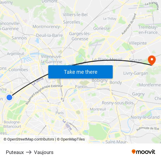 Puteaux to Vaujours map