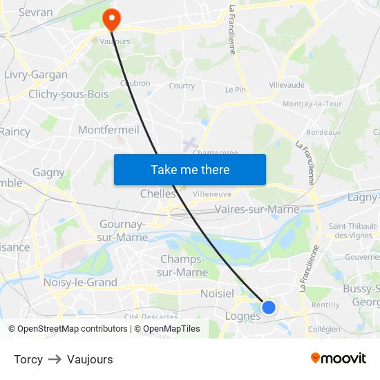 Torcy to Vaujours map