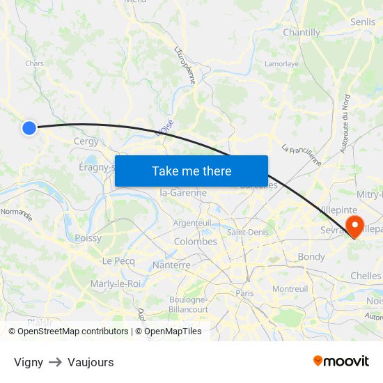 Vigny to Vaujours map