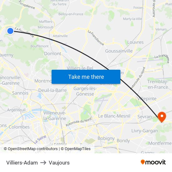 Villiers-Adam to Vaujours map