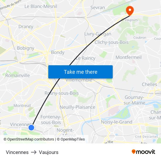 Vincennes to Vaujours map