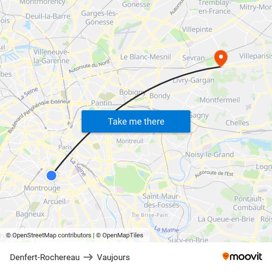 Denfert-Rochereau to Vaujours map