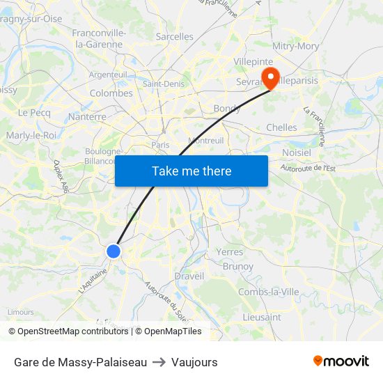 Gare de Massy-Palaiseau to Vaujours map
