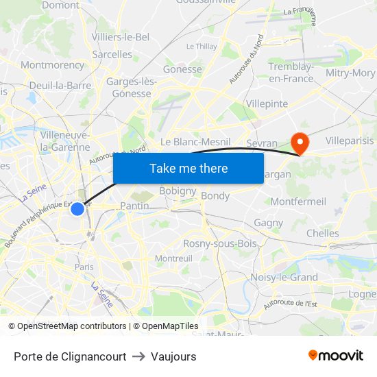 Porte de Clignancourt to Vaujours map