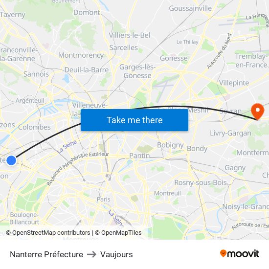 Nanterre Préfecture to Vaujours map