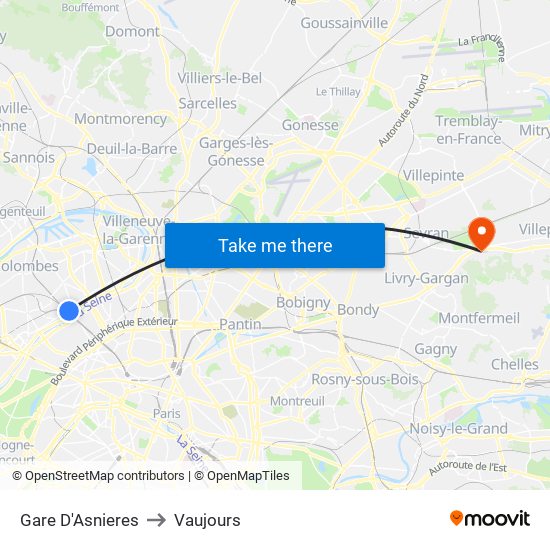 Gare D'Asnieres to Vaujours map