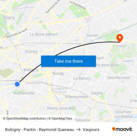 Bobigny - Pantin - Raymond Queneau to Vaujours map