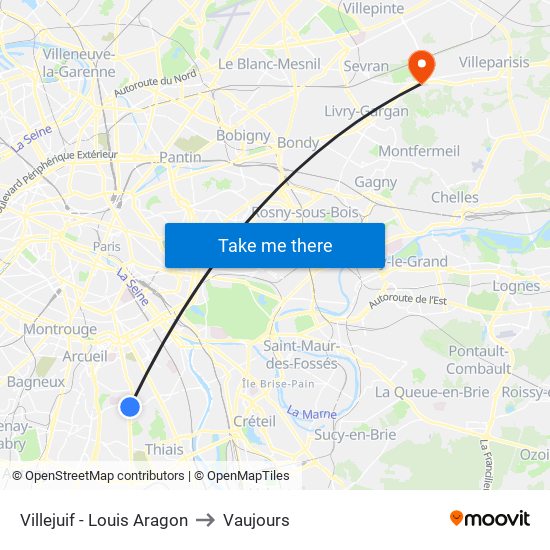 Villejuif - Louis Aragon to Vaujours map