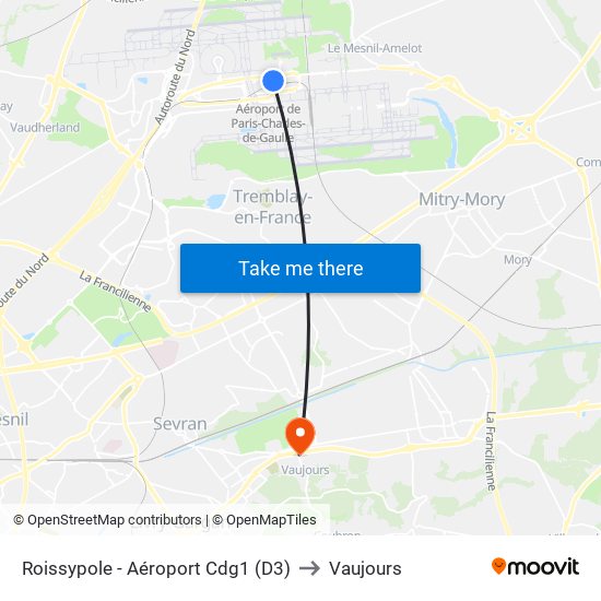 Roissypole - Aéroport Cdg1 (D3) to Vaujours map