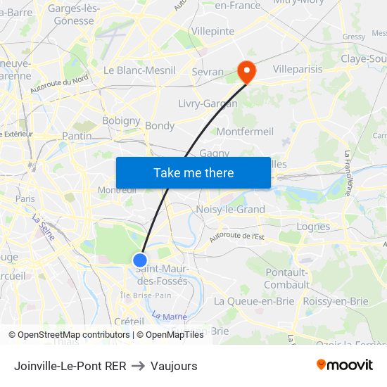 Joinville-Le-Pont RER to Vaujours map