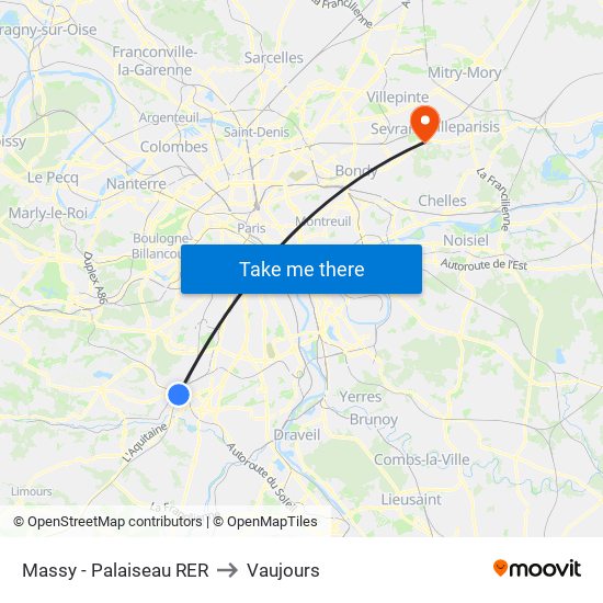 Massy - Palaiseau RER to Vaujours map