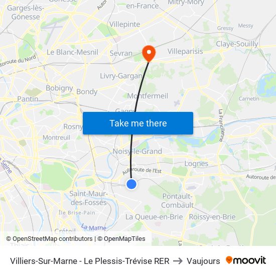 Villiers-Sur-Marne - Le Plessis-Trévise RER to Vaujours map