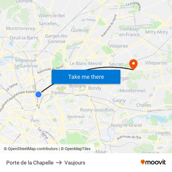 Porte de la Chapelle to Vaujours map