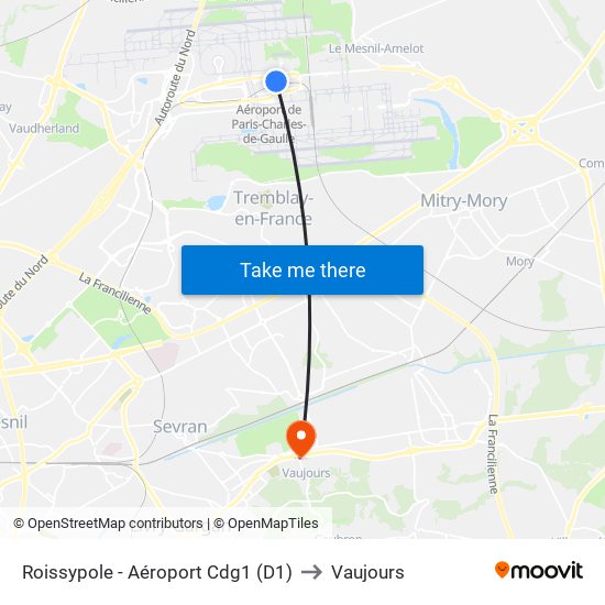 Roissypole - Aéroport Cdg1 (D1) to Vaujours map