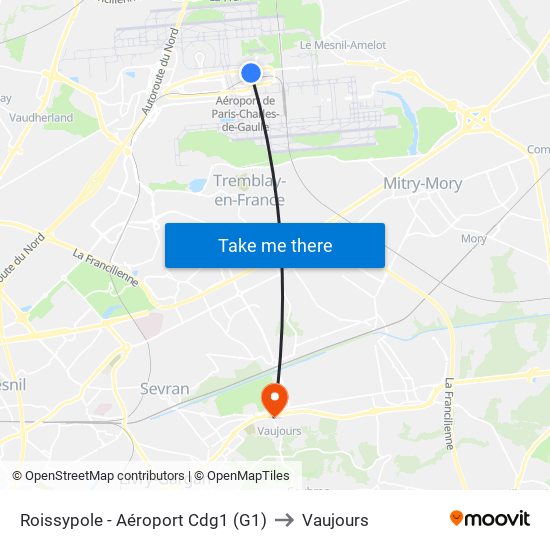 Roissypole - Aéroport Cdg1 (G1) to Vaujours map