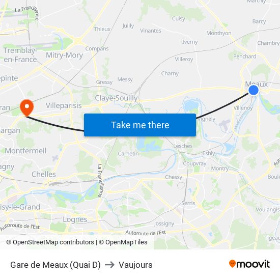 Gare de Meaux (Quai D) to Vaujours map