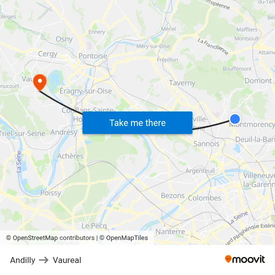 Andilly to Vaureal map