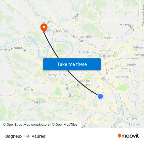 Bagneux to Vaureal map