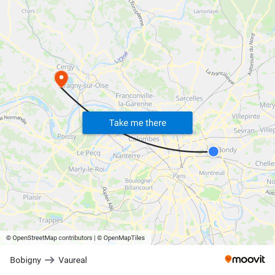 Bobigny to Vaureal map