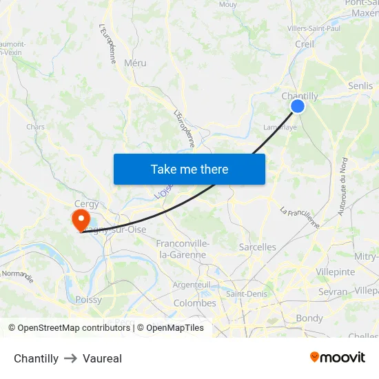 Chantilly to Vaureal map
