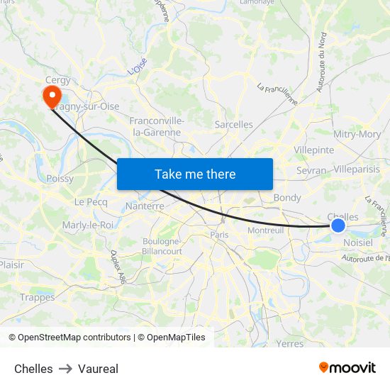 Chelles to Vaureal map
