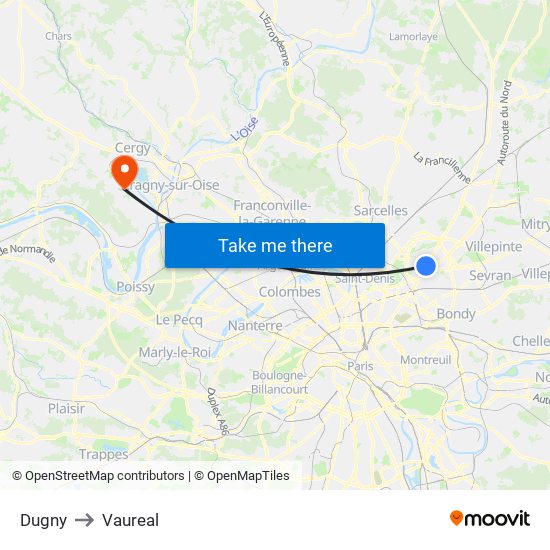 Dugny to Vaureal map