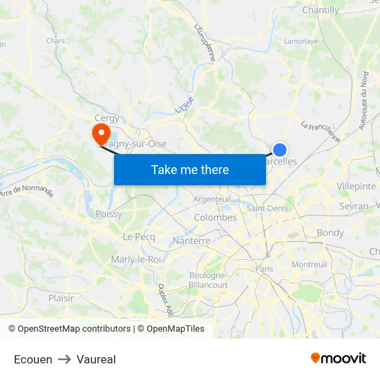 Ecouen to Vaureal map