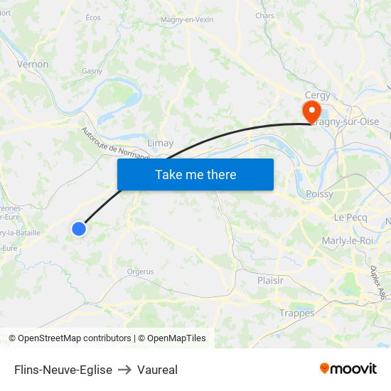 Flins-Neuve-Eglise to Vaureal map